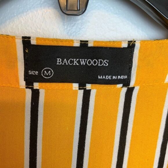 Backwoods Blouse Yellow Black white Button Down Striped Tie front long sleeve M - Picture 4 of 11